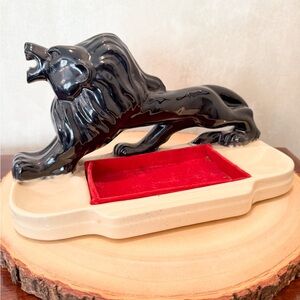 Vintage Mid-Century Black Pottery Lion Valet on Ceramic Ivory Base